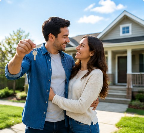 Happy couple holding the keys to the home they just purchased