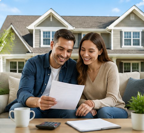 Couple reviewing mortgage refinance paperwork at home