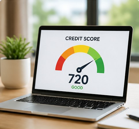 Laptop showing a 720 good credit score
